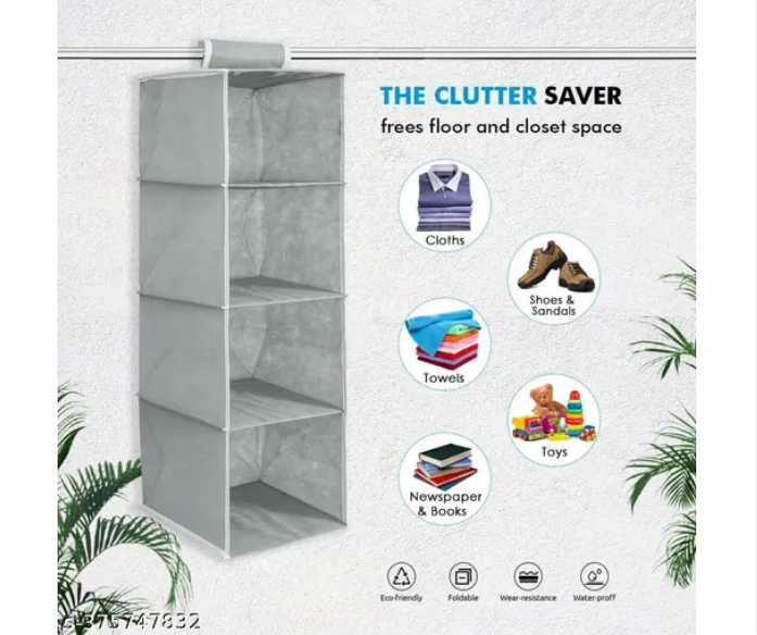 Non Woven Hanging 4 Shelf/Compartment Clothes Storage Wardrobe Organizer - Gray| Pack of 1 | Non Woven Fabric + Engineered Wood Inside