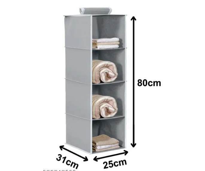 Non Woven Hanging 4 Shelf/Compartment Clothes Storage Wardrobe Organizer - Gray| Pack of 1 | Non Woven Fabric + Engineered Wood Inside