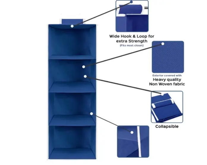 Non Woven Hanging 4 Shelf/Compartment Clothes Storage Wardrobe Organizer - Gray| Pack of 1 | Non Woven Fabric + Engineered Wood Inside