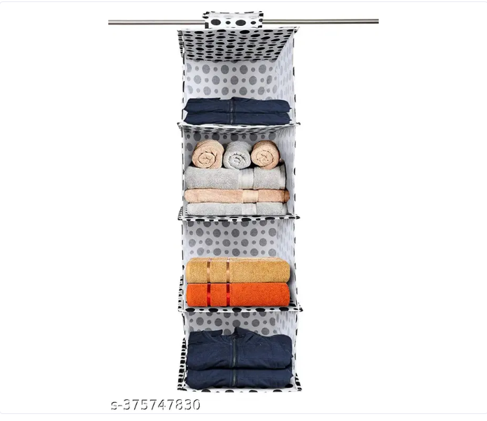 Non Woven Hanging 4 Shelf/Compartment Clothes Storage Wardrobe Organizer - Gray| Pack of 1 | Non Woven Fabric + Engineered Wood Inside