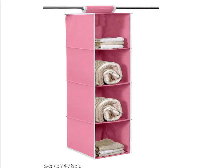 Non Woven Hanging 4 Shelf/Compartment Clothes Storage Wardrobe Organizer - Gray| Pack of 1 | Non Woven Fabric + Engineered Wood Inside