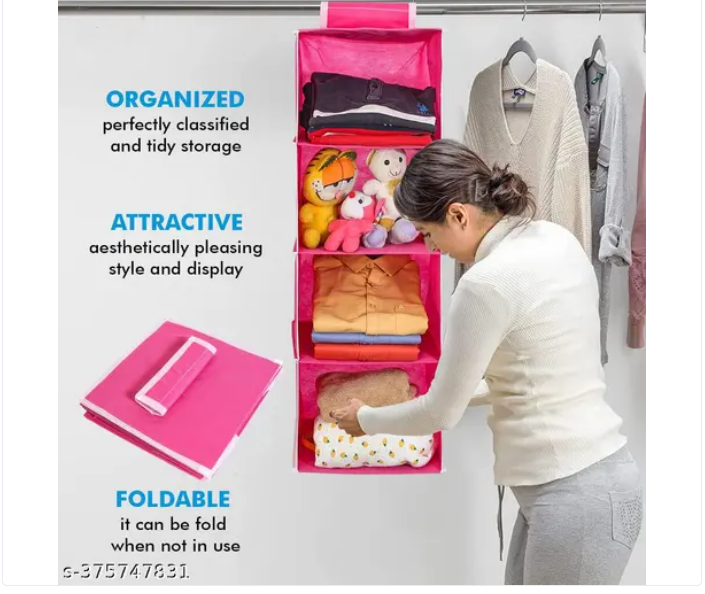 Non Woven Hanging 4 Shelf/Compartment Clothes Storage Wardrobe Organizer - Gray| Pack of 1 | Non Woven Fabric + Engineered Wood Inside