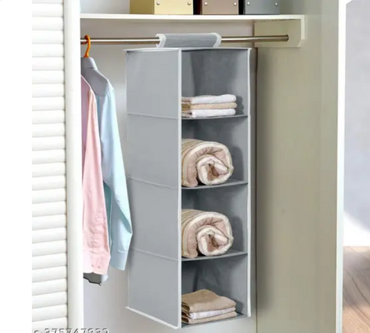 Non Woven Hanging 4 Shelf/Compartment Clothes Storage Wardrobe Organizer - Gray| Pack of 1 | Non Woven Fabric + Engineered Wood Inside