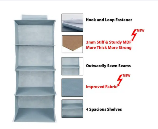 Non Woven Hanging 4 Shelf/Compartment Clothes Storage Wardrobe Organizer - Gray| Pack of 1 | Non Woven Fabric + Engineered Wood Inside