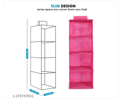 Non Woven Hanging 4 Shelf/Compartment Clothes Storage Wardrobe Organizer - Gray| Pack of 1 | Non Woven Fabric + Engineered Wood Inside
